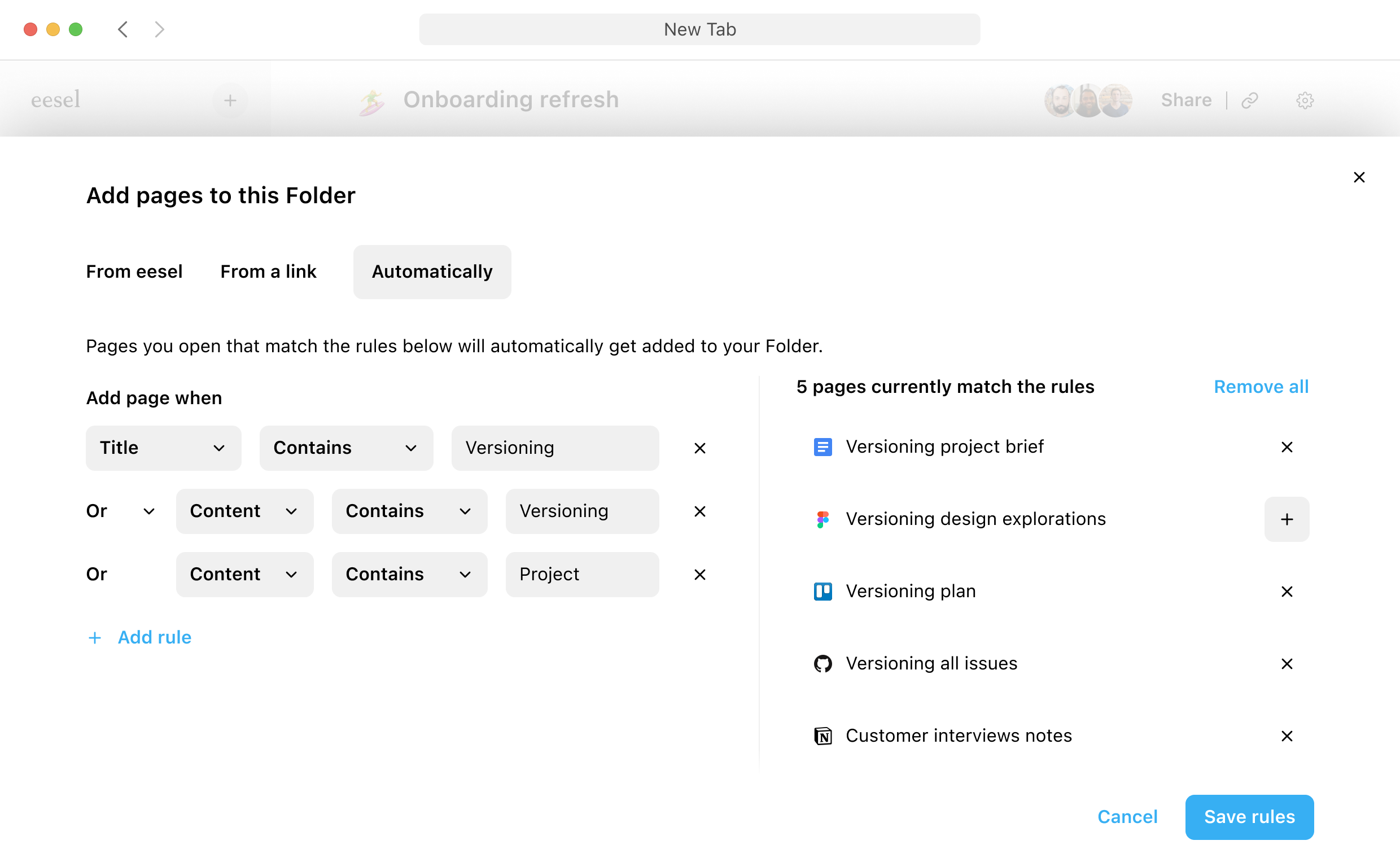 The UI to configure how pages get added to a Folder automatically